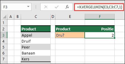 Een Excel-tabel met verschillende fruitproducten van cel C3 tot C7. De formule X.VERGELIJKEN wordt gebruikt om de positie in de tabel te vinden waar de tekst overeenkomt met 'gra' (gedefinieerd in cel E3). De formule retourneert '2' omdat de tekst 'Grape' zich op positie 2 in de tabel bevindt.