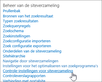 Controle-instellingen voor siteverzameling geselecteerd in het dialoogvenster Site-instellingen.