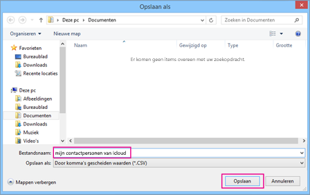 Typ een naam voor uw csv-bestand en kies Opslaan.