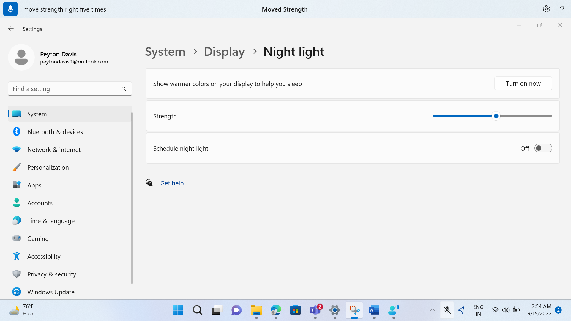 De pagina Nachtlamp met de schuifregelaar Sterkte op Windows 11.