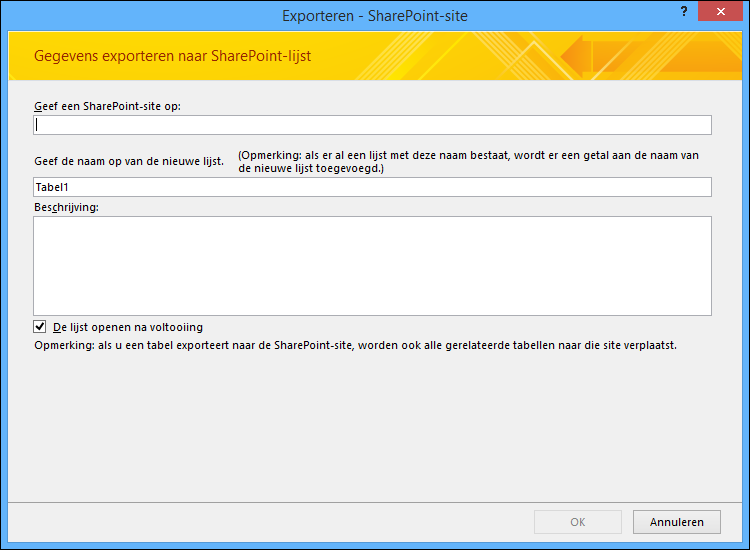 Geef een SharePoint-site op voor de export van uw Access-tabel of -query.