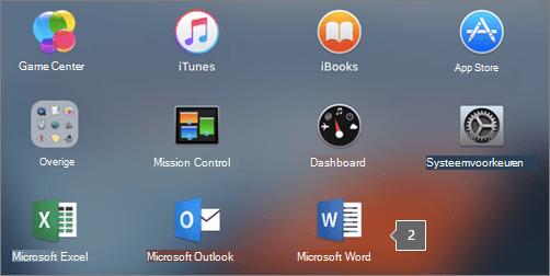 Hiermee wordt het Microsoft Word-pictogram in een gedeeltelijke weergave van Launchpad getoond