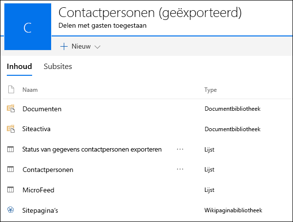 SharePoint-subsitepagina met lijsten van geëxporteerde Access-web-app