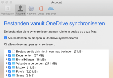 Dialoogvenster mappen synchroniseren voor OneDrive voor Mac