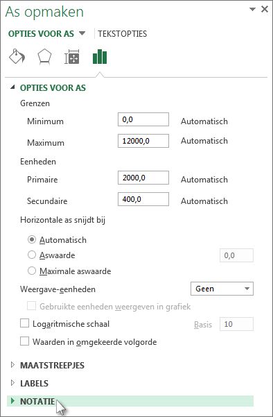 De optie Getal in het deelvenster As opmaken