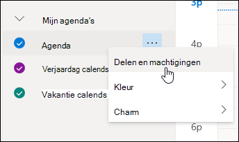 Een schermafbeelding van de cursor die zweeft boven Delen en machtigingen in het contextmenu van de agenda