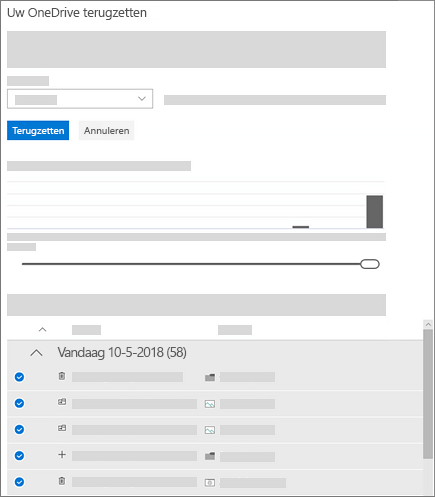 Schermafbeelding van het gebruik van de activiteitengrafiek en -feed om activiteiten te selecteren in Uw OneDrive herstellen