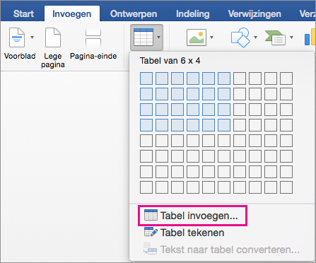 Insert Table is highlighted to create a custom table