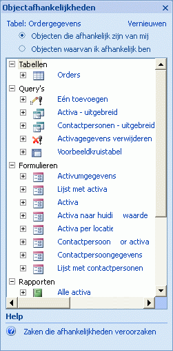 Het deelvenster Objectafhankelijkheden