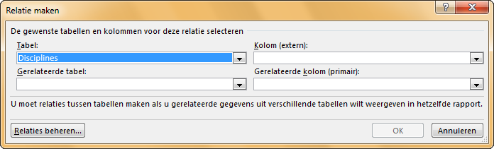 Het venster Relatie maken