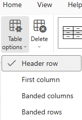 Het menu Tabelopties met de optie Veldnamenrij die is geselecteerd in de webversie van Outlook.