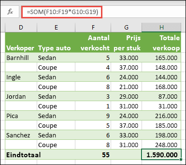 Matrixformule in één cel voor het berekenen van een eindtotaal met =SOM(F10:F19*G10:G19)