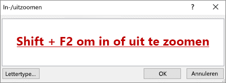 Dialoogvenster In-/uitzoomen, met de tekst SHIFT + F2 om in/uit te zoomen