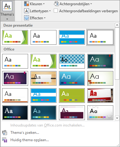 Hiermee worden de opties voor Diamodelthema's in PowerPoint weergegeven
