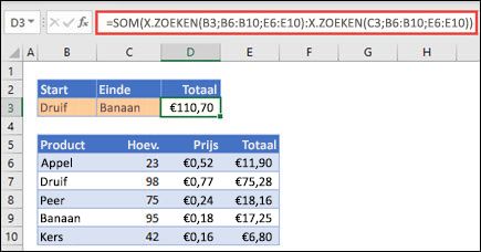 X.ZOEKEN gebruiken met SOM om een bereik van waarden te vinden dat tussen twee selecties valt