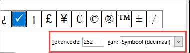 Het veld Van geeft aan dat dit een ASCII-symbool is