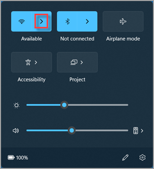 Waar vindt u 'Manage Wi-Fi connections' in de Windows 11 snelle instellingen.