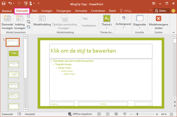 Geeft indeling van dia weer in de weergave PowerPoint Slide Master