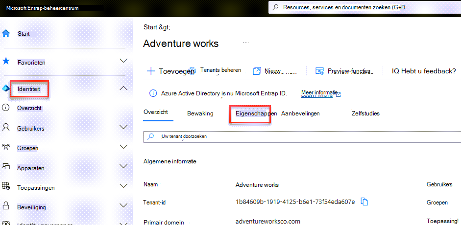 Het eigenschappenitem in het AAD-beheercentrum (Azure Active Directory).