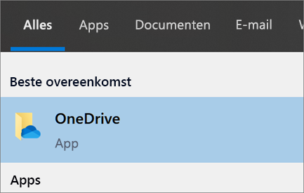 Schermopname van het zoeken naar de OneDrive-bureaublad-app in Windows 10