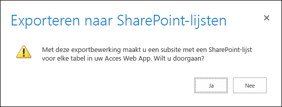 Schermopname van het bevestigingsdialoogvenster. Als u op Ja klikt, worden de gegevens naar SharePoint-lijsten geëxporteerd en wordt de export geannuleerd.