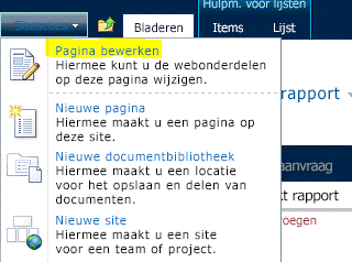 Opdracht Pagina bewerken in menu Siteacties