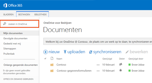 Schermafbeelding van het zoekvak voor OneDrive in Office 365.