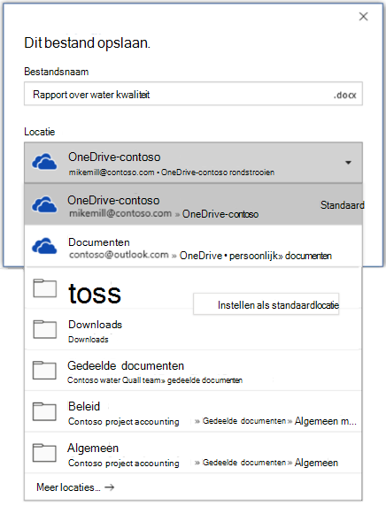 Een schermopname van het instellen van de standaardlocatie in Word tijdens het opslaan van een nieuw bestand