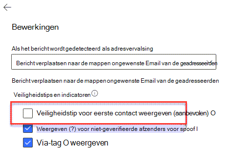 Het deelvenster antiphishingacties, waarbij de optie Eerste contacttip weergeven is gemarkeerd.