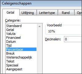 Categorie Percentage in het dialoogvenster Celeigenschappen