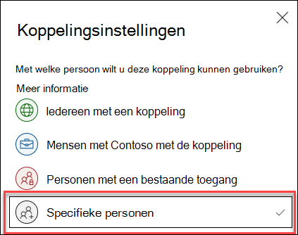 Koppelingsinstelling in OneDrive met de optie Specifieke personen gemarkeerd.