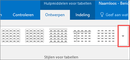 Schermafbeelding van de eerste zes tabelstijlen en de knop Meer om alle tabelstijlen weer te geven.