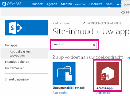 Een Access-app zoeken op de pagina Een app toevoegen in SharePoint