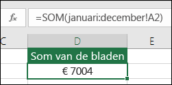 3D-SOM-bewerking voor benoemde bereiken.  Formule in D2 is =SOM(januari:december!A2)