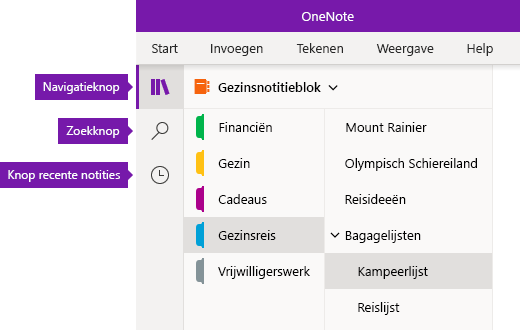 Navigatiebalk in OneNote voor Windows 10