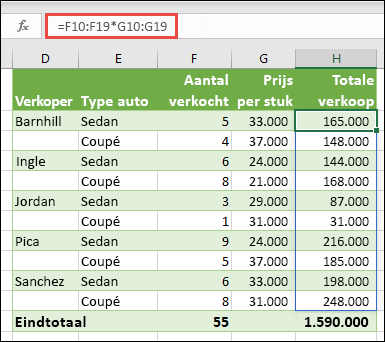 Matrixfunctie in meerdere cellen in cel H10 =F10:F19*G10:G19 om het aantal verkochte auto's per eenheidsprijs te berekenen