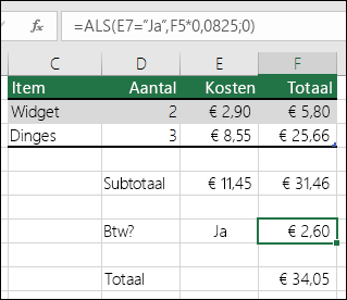 De formule in cel F7 is ALS(E7="Ja";F5*0,0825,0)