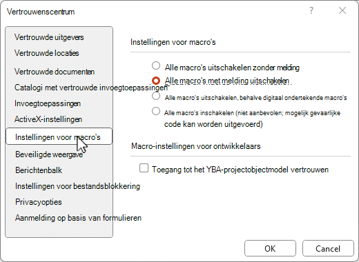 Macro-instellingen voor vertrouwenscentrum