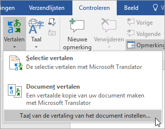 Toont in het menu Vertalen de optie Vertaling instellen voor document