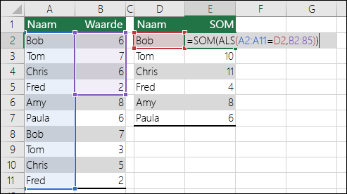 Voorbeeld van een matrixformule met een #N/B-fout door niet-overeenkomende bereikverwijzingen.  De formule in cel E2 is {=SOM(ALS(A2:A11=D2,B2:B5))} en moet worden ingevoerd met Ctrl+Shift+Enter.