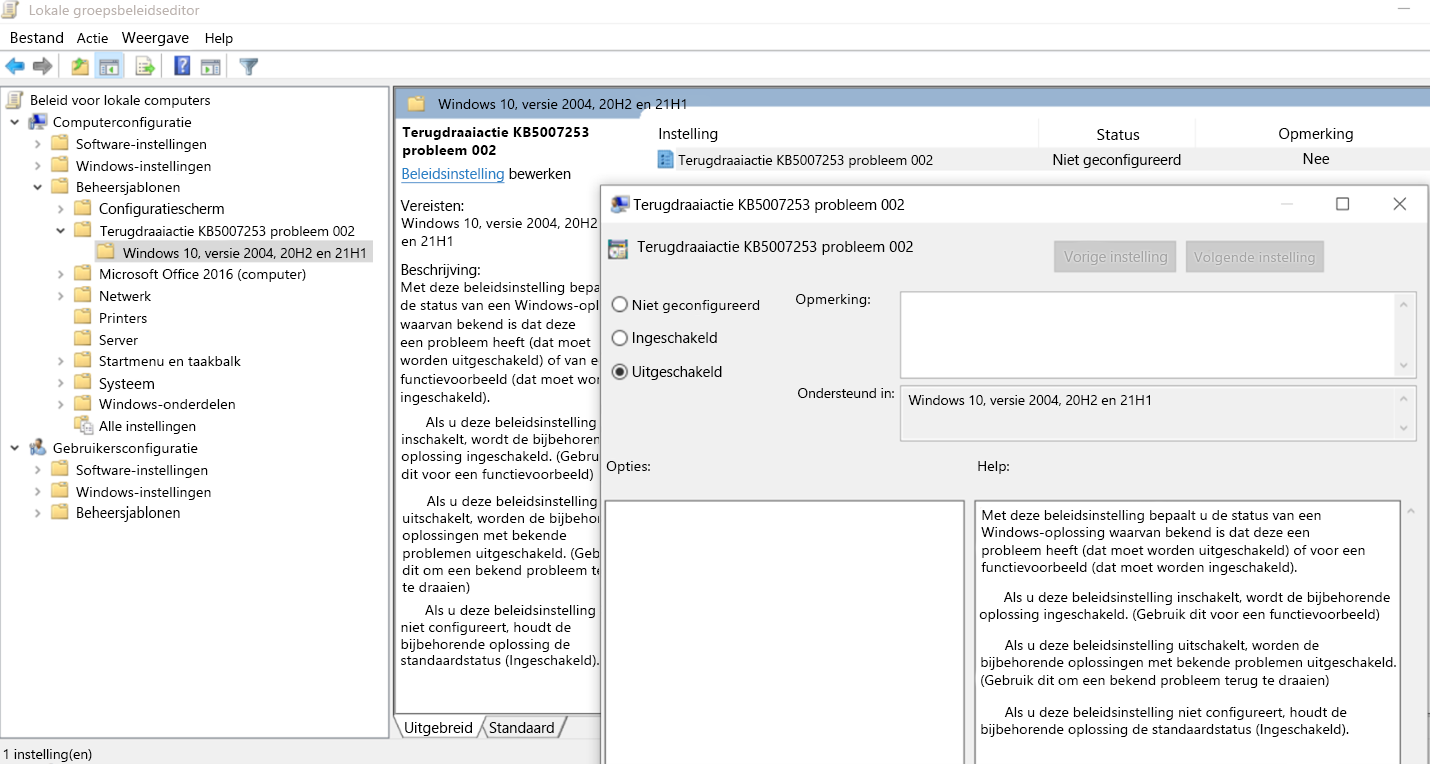 Terugdraaien van lokale groepsbeleidseditor KB5007253