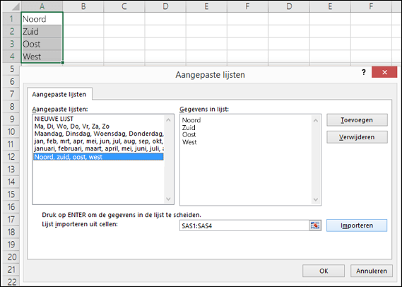 Dialoogvenster Aangepaste lijst in Bestand > Opties > Geavanceerd > Algemeen > Aangepaste lijsten bewerken. Klik voor Excel 2007 op de Office-knop > Opties voor Excel > Populair > Aangepaste lijsten bewerken.