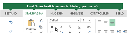 Tabbladen Start, Invoegen, Gegevens in de webversie van Excel