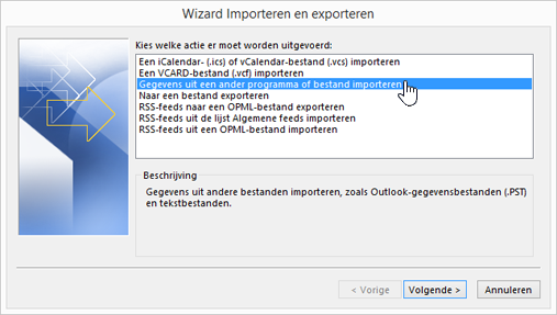 wizard voor importeren en exporteren - importeren uit een ander programma of bestand