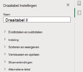 Deelvenster Instellingen voor draaitabel in de webversie van Excel