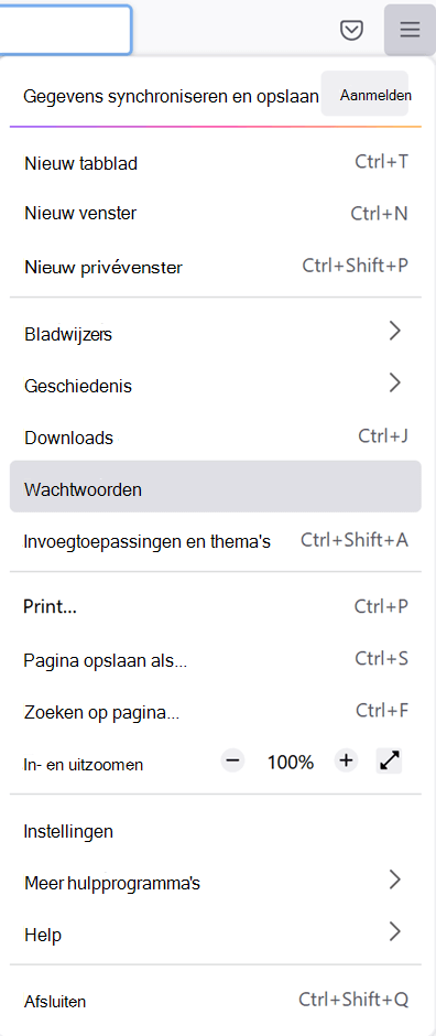 Het hoofdmenu in Firefox met de optie Wachtwoorden geselecteerd.