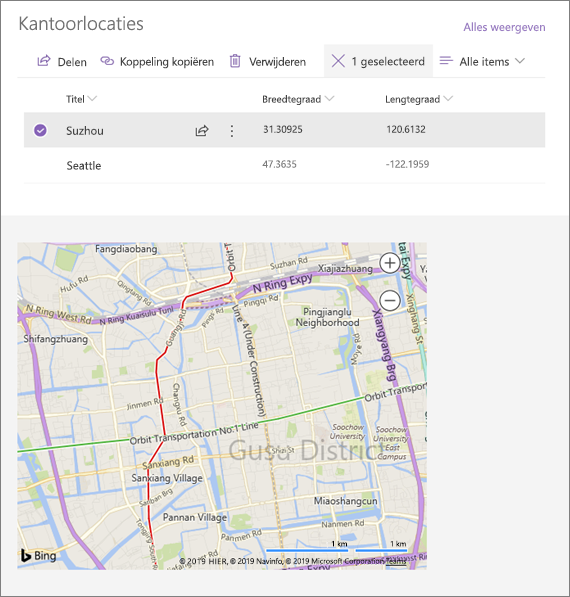 Voorbeeld van een verbonden webonderdeel Insluiten met een locatie uit een lijst