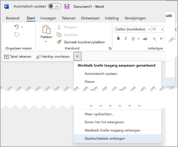 Vervolgkeuzelijst Werkbalk Snelle toegang selecteer Opdrachtlabels verbergen