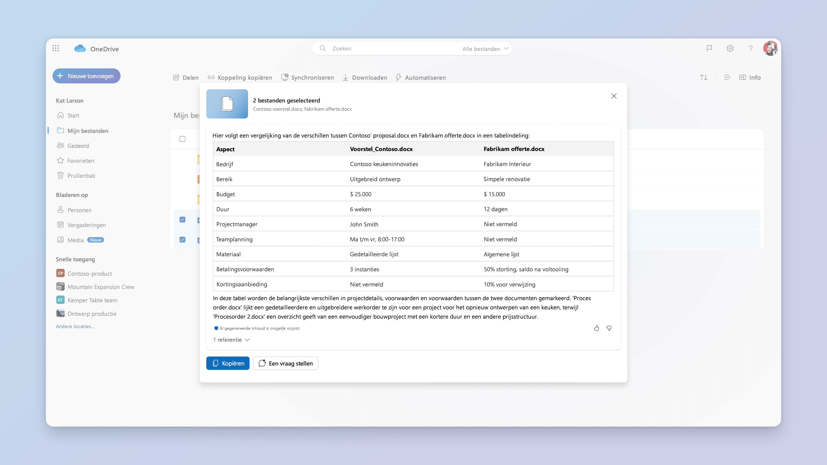schermopname van het scenario bestanden vergelijken voor Copilot in OneDrive