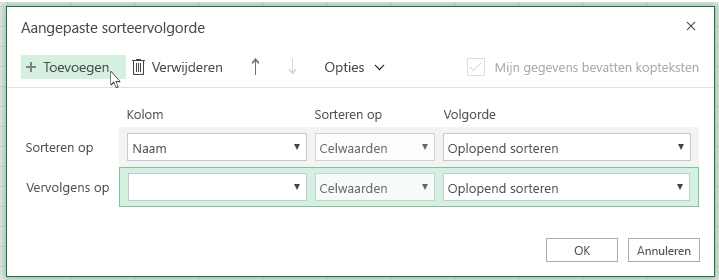 Na het klikken op 'Toevoegen' wordt een ander sorteerniveau weergegeven in de lijst nabij 'En vervolgens met'